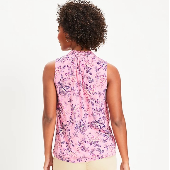 Loft Vine Shirred Tie Neck Mixed Media Shell in Floral, Shades of Pink, Size XL - Picture 12 of 17